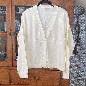 Cotton-blend long sleeve cardigan in ecru